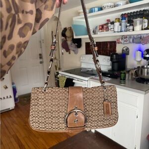 Coach Mini Signature Kelly 7075 Shoulder Bag Beige Leather/Canvas Flap